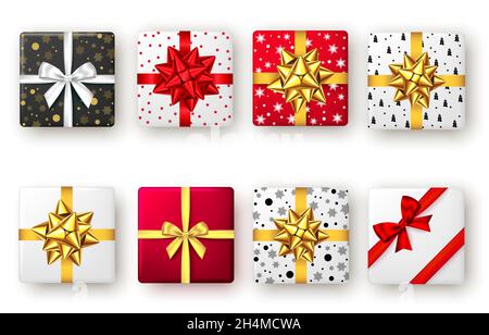Geschenkbox in Rot, Gold, Weiß und Schwarz mit Band und Schleife, Draufsicht. Weihnachten, Silvester-Party, Happy Birthday oder Valentinstag-Paket-Design. Vorpresen Stock Vektor