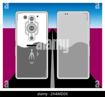 Smartphone für Profi-Reisefotografen, minimalistische Konzeptkunst, Vorder- und Rückseite Stock Vektor