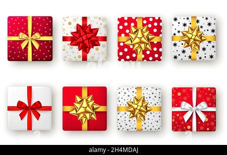 Geschenkbox in Rot, Gold, Weiß und Schwarz mit Band und Schleife, Draufsicht. Weihnachten, Silvester-Party, Happy Birthday oder Valentinstag-Paket-Design. Vorpresen Stock Vektor