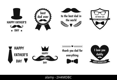 Happy Father’s Day Etiketten gesetzt. Flaches Vektor-Logo und Embleme für Grußkarte, Barbershop, T-Shirt-Design. Stock Vektor