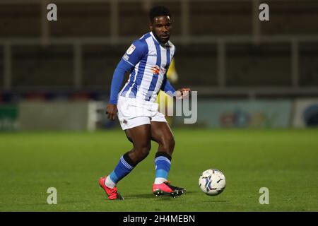 HARTLEPOOL, GROSSBRITANNIEN. 2. NOVEMBER: Zaine Francis-Angol von Hartlepool United während des EFL Trophy-Spiels zwischen Hartlepool United und Everton im Victoria Park, Hartlepool, am Dienstag, den 2. November 2021. (Kredit: Mark Fletcher | MI News) Kredit: MI Nachrichten & Sport /Alamy Live News Stockfoto