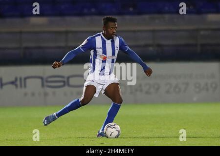 HARTLEPOOL, GROSSBRITANNIEN. 2. NOVEMBER Timi Odusina von Hartlepool United während des EFL Trophy-Spiels zwischen Hartlepool United und Everton im Victoria Park, Hartlepool, am Dienstag, den 2. November 2021. (Kredit: Mark Fletcher | MI News) Kredit: MI Nachrichten & Sport /Alamy Live News Stockfoto