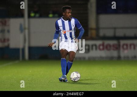 HARTLEPOOL, GROSSBRITANNIEN. 2. NOVEMBER Timi Odusina von Hartlepool United während des EFL Trophy-Spiels zwischen Hartlepool United und Everton im Victoria Park, Hartlepool, am Dienstag, den 2. November 2021. (Kredit: Mark Fletcher | MI News) Kredit: MI Nachrichten & Sport /Alamy Live News Stockfoto