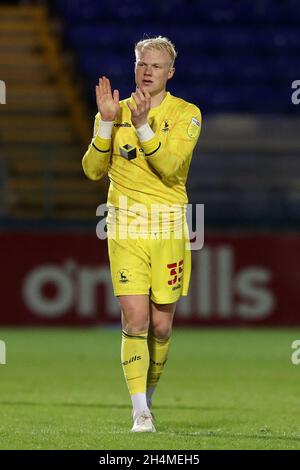 HARTLEPOOL, GROSSBRITANNIEN. 2. NOVEMBER Jonathan Mitchell von Hartlepool United während des Spiels der EFL Trophy zwischen Hartlepool United und Everton im Victoria Park, Hartlepool, am Dienstag, den 2. November 2021. (Kredit: Mark Fletcher | MI News) Kredit: MI Nachrichten & Sport /Alamy Live News Stockfoto