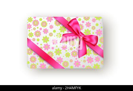 Rosa und grüne Geschenkbox mit Band und Schleife, Draufsicht. Weihnachten, Neujahrsparty, Happy Birthday, Ostern oder Mather Day Paketdesign. Vektor. Stock Vektor