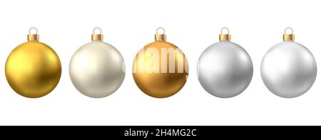 Realistische Gold, Silber Weihnachtskugeln isoliert auf weißem Hintergrund. Vektor Xmas Baumschmuck. Stock Vektor