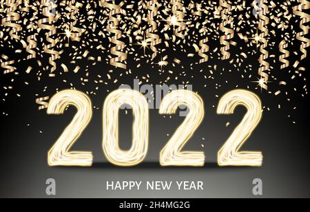 2022 Happy New Year schwarzer Hintergrund mit goldenem Band und Konfetti. Weihnachtsdekoration mit leuchtender neongoldener Zahl. Vector Winterurlaub greeti Stock Vektor