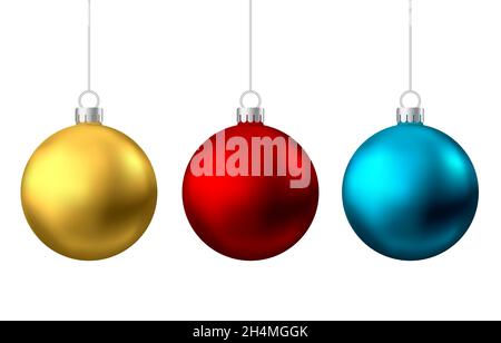 Realistische goldene, rote, blaue Weihnachtskugeln isoliert auf weißem Hintergrund. Vektor Xmas Baumschmuck. Stock Vektor