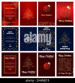 Sammlung von verschiedenen Karten und Posterdesigns für Frohe Weihnachten und Happy New Year Karten. Moderne Postkarten-Vorlagen oder Geschenkkarten. Neues Jahr. Stock Vektor