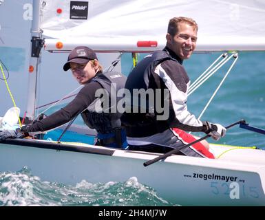 Simon Cooke & Scott Illingworth treten am Mittwoch, 3. Januar 2007, bei der Internationalen 420-Klasse-Weltmeisterschaft in Takapuna, Neuseeland, an. Stockfoto