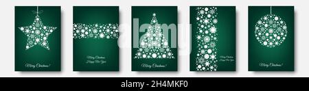 Weihnachtsbaum, Ball mit weißem Feiertagsmuster aus Schneeflocken, Weihnachtselemente und Dekorationen. Vektor Neujahr grünen Hintergrund für Grußkarte, Stock Vektor