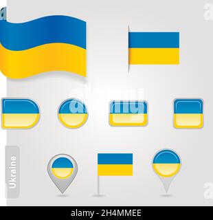 Die ukrainische Flagge - Satz von Symbolen und Fahnen. Glänzend und matt auf weißem Hintergrund. Stock Vektor