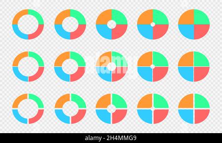 Torten- und Donut-Diagramme festgelegt. Kreisdiagramme in 4 Abschnitte unterteilt. Bunte Infografik-Räder. Runde Formen, die in vier gleiche Teile isoliert auf transparentem Hintergrund geschnitten werden. Vektorgrafik flach. Stock Vektor