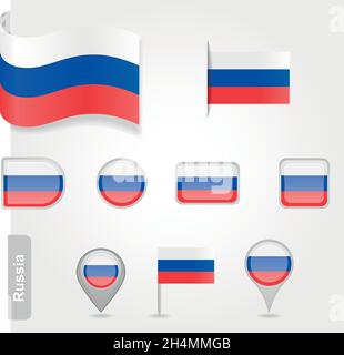 Die russische Flagge - Satz von Symbolen und Fahnen. Glänzend und matt auf weißem Hintergrund. Stock Vektor