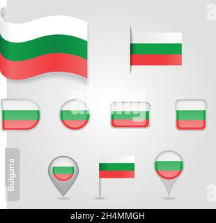 Die bulgarische Flagge - Satz von Ikonen und Fahnen. Glänzend und matt auf weißem Hintergrund. Stock Vektor