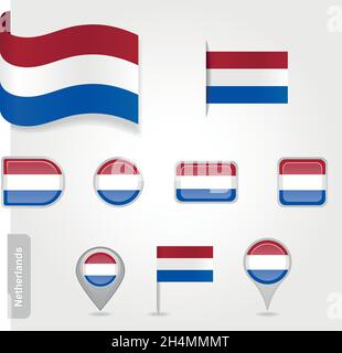 Die niederländische Flagge - Set von Symbolen und Fahnen. Glänzend und matt auf weißem Hintergrund. Stock Vektor