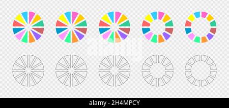 Donut-Diagramme eingestellt. Infografik-Räder in 12 mehrfarbige und grafische Abschnitte unterteilt. Kreisdiagramme oder Ladeleisten. Runde Formen in zwölf gleiche Teile geschnitten. Vektorgrafik flach und Umrissdarstellung. Stock Vektor