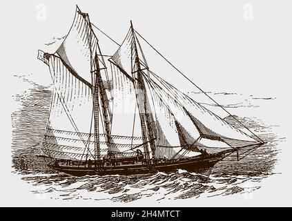 Schoneryacht unter vollen Segeln, nach antiker Zeichnung aus dem 19. Jahrhundert Stock Vektor