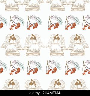 Nahtloses Muster aus handgezeichneten Vogelbeeren und Engeln im Doodle-Stil. Vektorgrafik. Stock Vektor