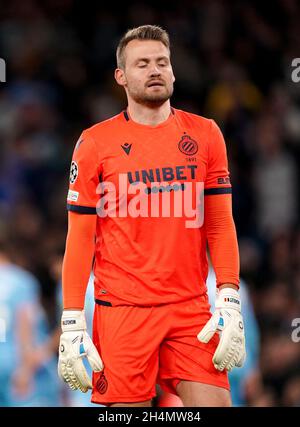 Club Brügge Torwart Simon Mignolet reagiert, nachdem er während des Spiels der UEFA Champions League Group A im Etihad Stadium, Manchester, ein drittes Tor zugesteht hat. Bilddatum: Mittwoch, 3. November 2021. Stockfoto