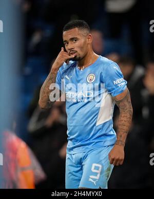 Manchester, Großbritannien. November 2021. Gabriel Jesus von man City feiert sein Tor während des UEFA Champions League-Spiels zwischen Manchester City und Club Brugge am 3. November 2021 im Etihad Stadium, Manchester, England. Foto von Andy Rowland. Quelle: Prime Media Images/Alamy Live News Stockfoto