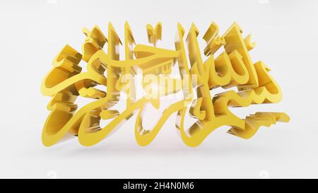 Bismillah (im Namen Allahs) Arabische Kunst der erste Vers des Quran, übersetzt als: "Im Namen Gottes, des Barmherzigen, des Mitleidenden", 3D Render Stockfoto