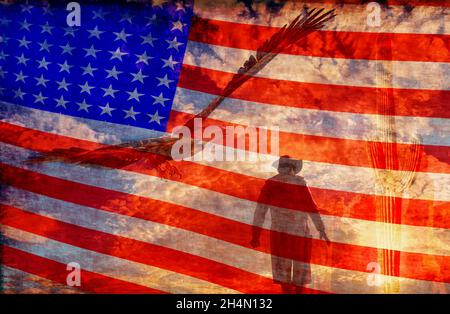 Illustration eines Cowboys im Hintergrund bei Sonnenuntergang mit einem Adler, einem Kaktus und einer amerikanischen Flagge als Hintergrund - 3d-Rendering Stockfoto