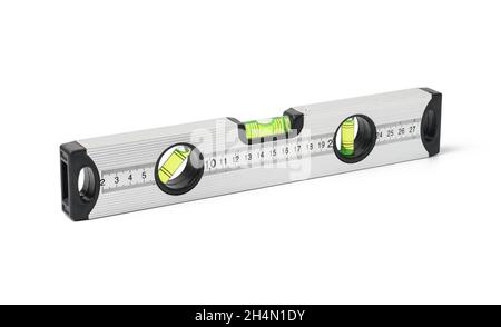 Metallisches Gebäude auf weißem Hintergrund. Messinstrument in rechteckiger Form aus Kunststoff mit transparenten Kolben in ihr Fille installiert Stockfoto