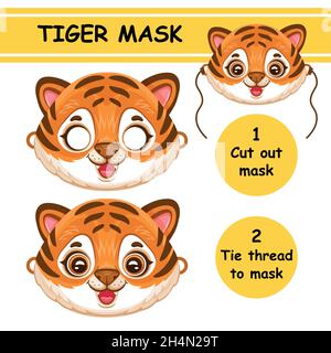 Cut African Tiger Tier Gesichtsmaske. DIY Kinder Papier Spiel. Bengalisches Wildkatzenjunge, gestreiftes Kätzchen. Niedlicher Wildkatzenleopard. Vektor für Kinderhandwerk zum neuen Jahr Stock Vektor