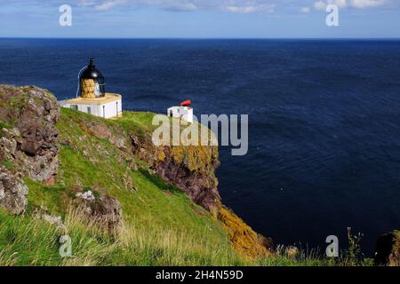 St Abbs Leuchtturm auf der dramatischen Klippe und der tiefblauen Nordsee in St ABB’s Head, Berwickshire, Schottland Stockfoto