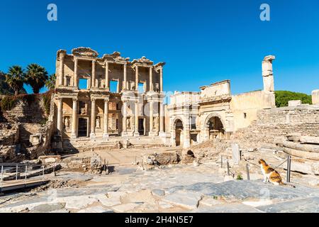 Ephesus, Türkei – 2. November 2020. Die Bibliothek von Celsus in Ephesus antike Stätte in der Türkei. Das Gebäude wurde in den 110er Jahren n. Chr. von einem Consu in Auftrag gegeben Stockfoto