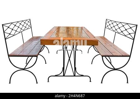 Esstisch und Bank mit Stahlbeinen isoliert auf weißem Hintergrund, arbeiten mit Clipping Pfad. Stockfoto