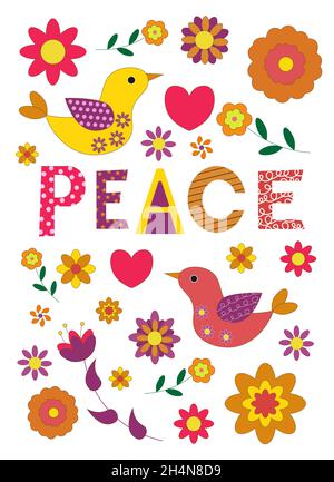 Buchstabenphrase Frieden. Vintage 70er Blumen- und Vogeldruck. Handzeichnung Schriftart. Stock Vektor