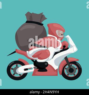 Weihnachtskarte des Weihnachtsmannes, der Geschenke auf seinem Motorrad ausliefert Stock Vektor