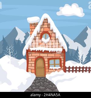Winterszene mit Schnee, mit Kiefern und ländlichem Haus in den Bergen Stock Vektor
