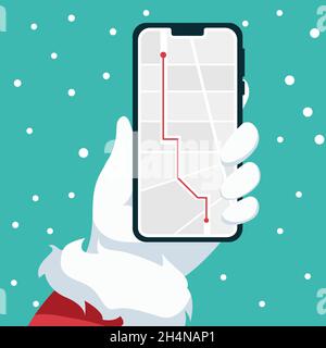 Mobiltelefon-Design in der hand des weihnachtsmannes Stock Vektor