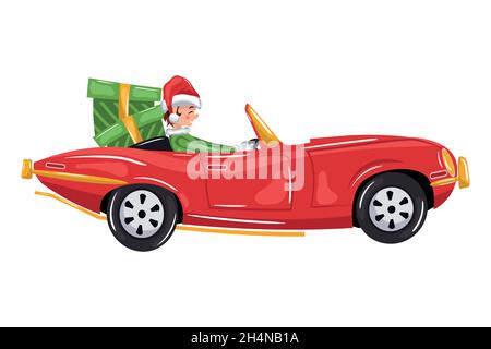Weihnachtself in einem schönen ausgefallenen Auto verteilt Spielzeug Stock Vektor