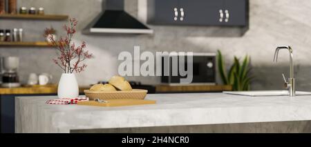 Moderne Loft-Küche im Innendesign mit Zement-Loft-Kücheninsel, Brotkorb, Dekor und Montagefläche für Produktauslage. 3d-Rendering, 3d-Illust Stockfoto