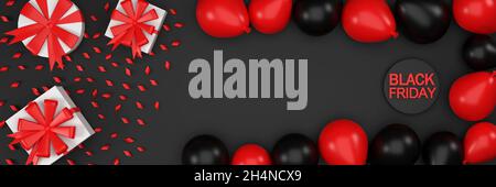 3D. Sale Promotion Black Friday, Geschenkbox und Luftballons Draufsicht auf schwarzem Hintergrund Stockfoto