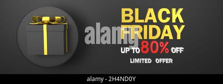 3D. Feiern Sie den Black Friday mit Geschenkboxen und Band auf schwarzem Hintergrund. Stockfoto