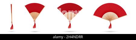 Chinesischer Handventilator, orientalisches Handleihzubehör aus Holz. Vektor realistische Satz von offenen und geschlossenen roten japanischen Fan, traditionelle asiatische oder spanische Falten Souvenir mit Quaste isoliert auf weißem Hintergrund Stock Vektor