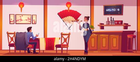 Chinesisches oder japanisches Restaurant mit Kellnerin im Kimono und Mann am Telefon. Vektor-Cartoon-Illustration von Kunden und Mädchen mit Tee in china Café Interieur mit roten asiatischen Laternen und Ventilator an der Wand Stock Vektor