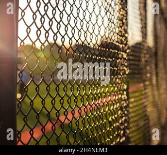 Zaun mit Metallgitter in Perspektive. Metallzaun Teil eines Metallgitterzauns in der Sonnenuntergangszeit. Blick auf die Straße, Schärfentiefe, niemand Stockfoto