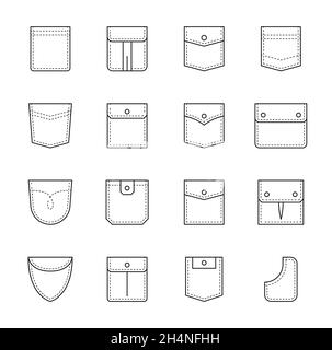 Aufgesetzte Tasche. Uniforme Kleidertaschen mit Naht und Patte. Jacke, Frau und Männer Denim oder jean Hosen und Casual Hemd Umriss Vektor verschiedene Form po Stock Vektor