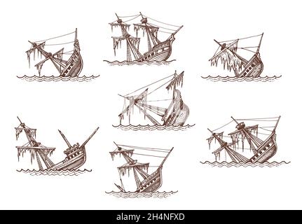 Versunkene Segelbrigantine, Brigg, Corvette und Fregatte Schiffsskizzen, Schiffswrack Vektor vintage Kartenelemente. Isolierte kaputte Segelschiffe oder Segelboote Stock Vektor