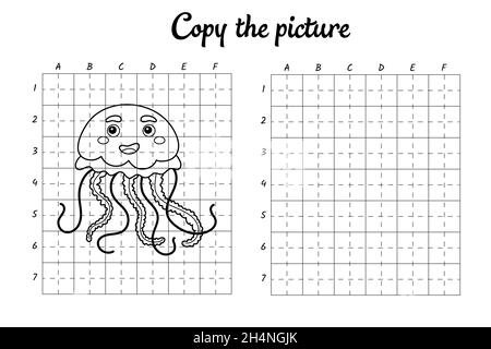 Kopieren Sie das Bild. Zeichnen durch Raster. Malbuch-Seiten für Kinder. Handschrift üben, Zeichnen Fähigkeiten Training. Bildung Entwicklung druckbarer Arbeitsblätter. Stock Vektor