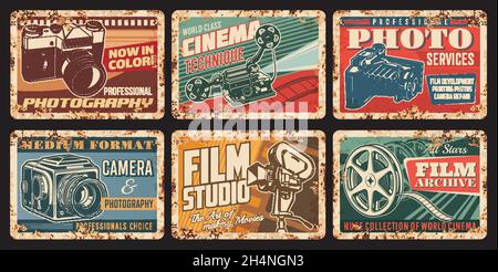 Vintage-Video- und Fotokameras verrostete Platten. Fotografie Service und Ausrüstung Shop, Filmstudio Vektor Zinn Schilder mit alten Mittelformat Foto und re Stock Vektor