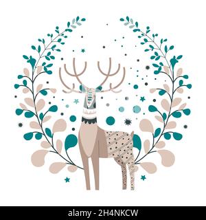 Weihnachten und Neujahr Grußkarte mit Hirsch Stock Vektor
