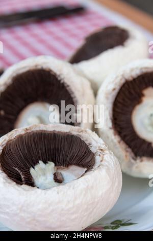 Vertikale Makroaufnahme von Hymenophoren von geschnittenen Champignon-Kappen, auch bekannt als Agaricus bisporus Stockfoto