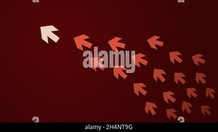Gruppe von roten Pfeilen, die dem Anführer folgen, weißer Pfeil, auf einem strukturierten dunkelroten Papierhintergrund. Vorstellung von Führung und Folge dem Anführer. Stockfoto